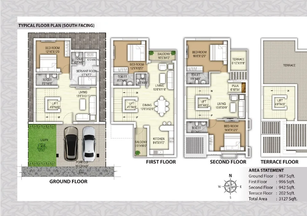 South-facing typical floor plan showing ground, first, second and terrace floors