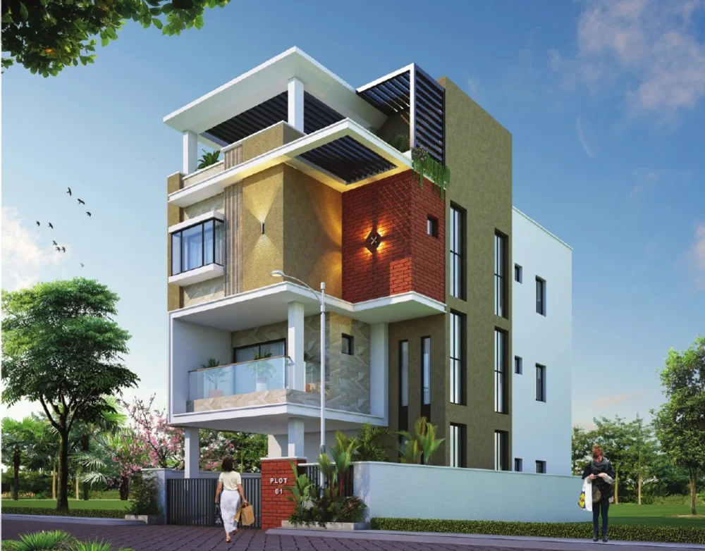 Alternate exterior architectural view of a triplex villa from the brochure